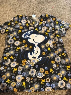 Snoopy Floral Print V-Neck Top in Black, Yellow & Lavender